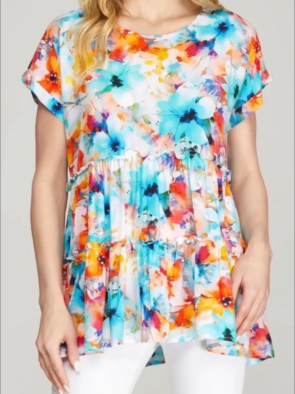 She + Sky Blue Multi Floral Tiered Short-Sleeve Top